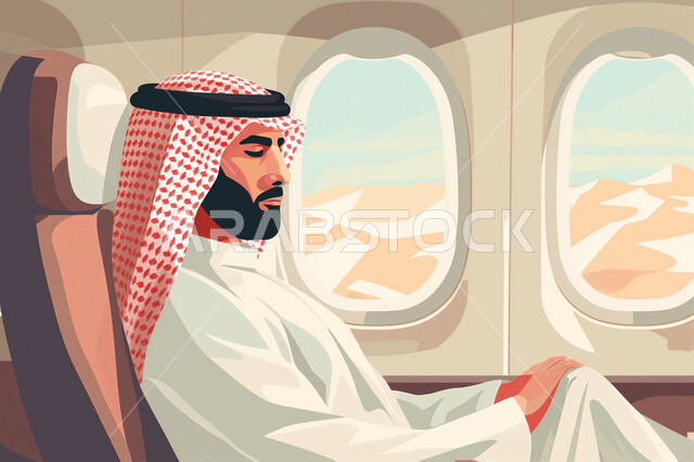 Providing advanced services for easy movement between countries, Saudi Airlines and Companies, Illustrations of a Saudi Arabian Gulf man sitting in a seat inside the plane, the concept of tourism and travel, means of transportation and air transport