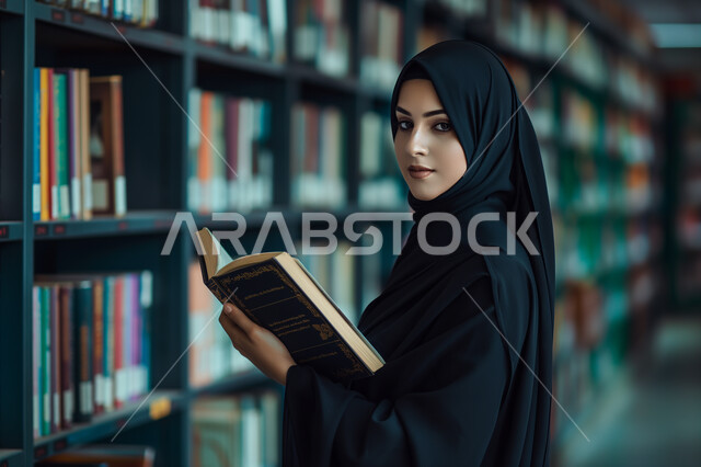 مكان للقراء ومحبي العلم والكتب والمعرفة، امرأة عربية خليجية سعودية محجبة في المكتبة ترتدي العباءة وتمسك الكتاب وتنظر للكاميرا بإيماءات البشاشة, الديكورات الداخلية والأرفف المليئة بالقصص والروايات والمجلدات الأدبية، المكاتب في المملكة العربية السعودية