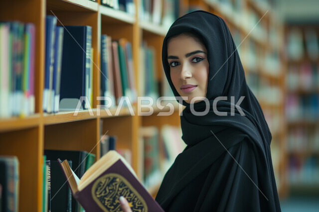  حب القراءة والاطلاع على كل ما هو جديد، امرأة عربية خليجية سعودية محجبة في المكتبة ترتدي العباءة وتمسك بيدها كتاب ما وتنظر للكاميرا بإيماءات السعادة, الديكورات الداخلية والأرفف المليئة بالقصص والروايات والمجلدات الأدبية، المكاتب في المملكة العربية السعودية