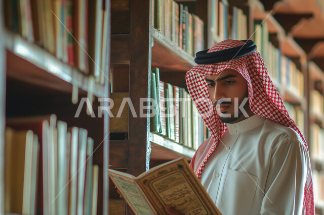 Cultural libraries in the Kingdom of Saudi Arabia, a constant passion for reading and obtaining new information, a Saudi Gulf Arab young man wearing the traditional dress and shemagh standing in the library and holding a book in his hand that he is browsing, the interior decorations and shelves full of stories, novels and literary volumes