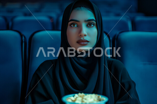 قضاء أوقات ممتعة، الأفلام والعروض المسرحية في السينما، امرأة عربية خليجية سعودية محجبة تجلس في قاعة عرض السينما, متابعة العرض بتركيز شديد, شابة تحمل دلو من الفوشار وتستمع بالمشاهدة