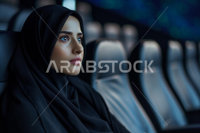 القيام بنشاطات ترفيهية ممتعة, امرأة عربية خليجية سعودية محجبة تجلس في قاعة السينما وتتابع الفيلم بتركيز, مشاهدة الأفلام والمسرحيات والعروض المتنوعة, شاشات ضوئية كبيرة لزيادة الاستمتاع بالتجربة، دور العرض الحديثة في المملكة العربية السعودية