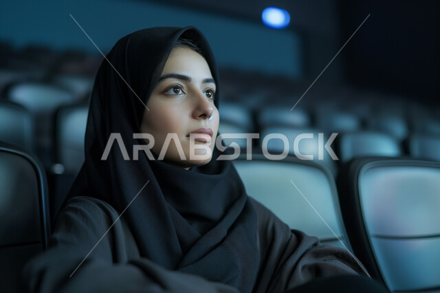  دور العرض الحديثة في المملكة العربية السعودية، القيام بنشاطات ترفيهية ممتعة, امرأة عربية خليجية سعودية محجبة تجلس في قاعة السينما وتتابع الفيلم بتركيز, مشاهدة الأفلام والمسرحيات والعروض المتنوعة, شاشات ضوئية كبيرة لزيادة الاستمتاع بالتجربة