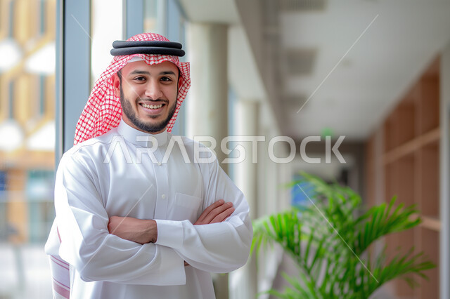 الوقوف بأيدي متقاطعة والنظر للكاميرا بسعادة, مفهوم الأناقة والرجولة والاهتمام بالمظهر الخارجي، شاب عربي خليجي سعودي مبتسم يرتدي الزي التقليدي يقف في مكان عمله بإيماءات الاعتزاز والثقه بالنفس