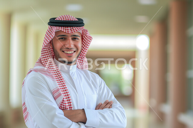 الوقوف في مكان العمل والنظر للكاميرا بسعادة, شخصية سعودية مهمة مكتوف اليدين، مفهوم الأناقة والرجولة والاهتمام بالمظهر الخارجي، شاب عربي خليجي سعودي مبتسم يرتدي الزي التقليدي يقف بإيماءات الاعتزاز والثقه بالنفس