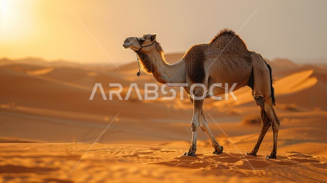 الاهتمام بتربية الثديات، محمية طبيعية لرعاية الإبل في المملكة العربية السعودية، جمل يقف وسط الصحراء في وقت الغروب، التلال والكثبان الرملية الناعمة في المناطق الصحراوية