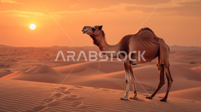 Camel nature reserve in Saudi Arabia, Arabian camel standing in the middle of the desert at sunset, soft sand dunes and hills in desert areas, interest in raising mammals