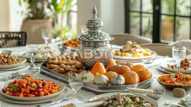 العزائم والولائم في الأعياد والمناسبات الإسلامية، المقبلات والأطباق والأصناف العربية الشرقية اللذيذة، مائدة طعام مليئة بالوجبات المتنوعة، سفرة من المأكولات الشعبية التقليدية الشهية، أجواء شهر رمضان المبارك
