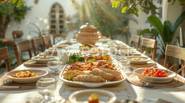 أجواء شهر رمضان المبارك، سفرة من المأكولات الشعبية التقليدية الشهية، مائدة طعام مليئة بالوجبات المتنوعة الرمضانية، العزائم والولائم في الأعياد والمناسبات الإسلامية، المقبلات والأطباق والأصناف العربية الشرقية اللذيذ