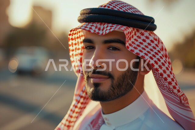 الوقوف بإيماءات الشموخ والاعتزاز بالنفس، الاعتناء والاهتمام بالمظهر الخارجي، مفهوم الأناقة والرجولة العربية، شاب عربي خليجي سعودي وسيم يرتدي الثوب الأبيض التقليدي والشماغ، النظر إلى الكاميرا بسرور
