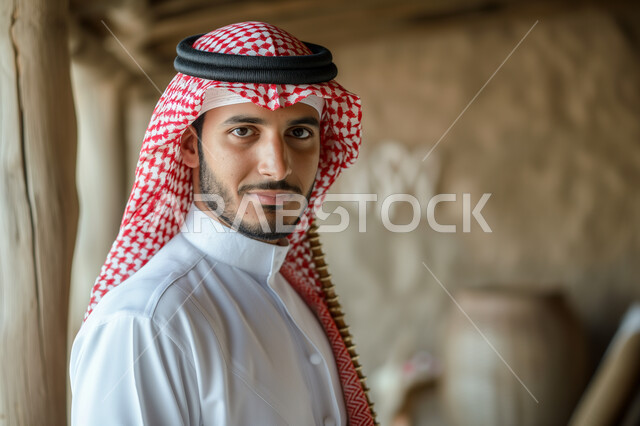 Looking at the camera with gestures of confidence and self-esteem, taking care and attention to the external appearance, the concept of elegance and Arab masculinity, a Saudi Gulf Arab man wearing the traditional white thobe and shemagh standing proudly.