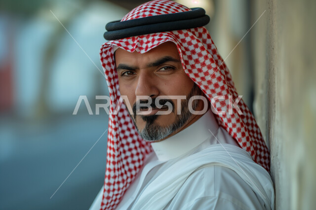 الاعتناء والاهتمام بالمظهر الخارجي، مفهوم الأناقة والرجولة العربية، رجل عربي خليجي سعودي يرتدي الثوب الأبيض التقليدي والشماغ يقف بشموخ, النظر إلى الكاميرا بإيماءات الثقة والاعتزاز بالنفس