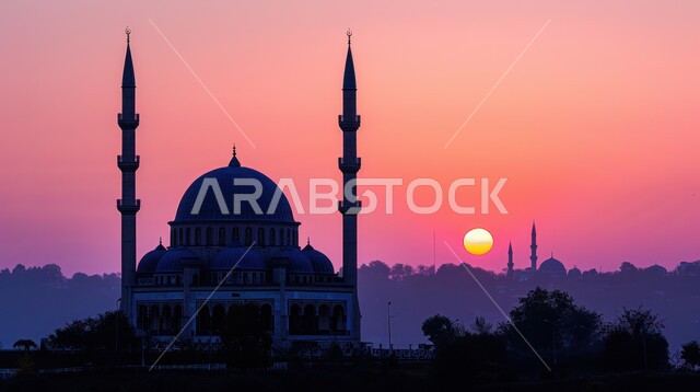 معالم وأماكن إسلامية مقدسة، الفن الهندسي المعماري لبناء القبب والمآذن، الديكورات الخارجية للمساجد في المملكة العربية السعودية, نداء المسلمين لأداء الفرائض والصلوات, مفهوم العبادة والتقرب الى الله, صورة ظلية لجامع، منظر السماء الوردية في وقت الغروب