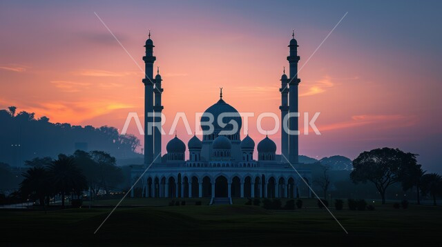 مفهوم العبادة والتقرب الى الله, معالم وأماكن إسلامية مقدسة، الفن الهندسي المعماري لبناء القبب والمآذن، الديكورات الخارجية للمساجد في المملكة العربية السعودية, نداء المسلمين لأداء الفرائض والصلوات, صورة ظلية لجامع في وقت الغروب، منظر السماء الوردية