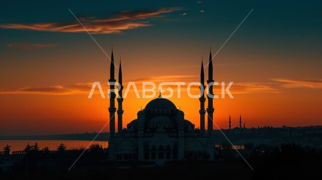 الفن الهندسي المعماري لبناء المساجد في المملكة العربية السعودية, معالم وأماكن إسلامية مقدسة، نداء المسلمين لأداء الفرائض والصلوات, مفهوم العبادة والتقرب الى الله, صورة ظلية لجامع أثناء غروب الشمس