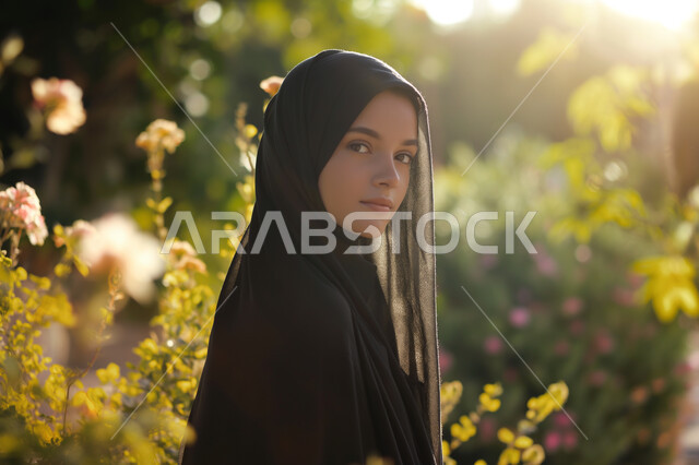 أخذ اللقطات في أحضان الطبيعة الجميلة, مفهوم الانوثة والاناقة، الاهتمام بالمظهر الخارجي، ايماءات الثقة بالنفس، امرأه عربيه خليجيه سعوديه مبتسمة ترتدي عباءة سوداء تنظر إلى الكاميرا بتعابير البشاشة