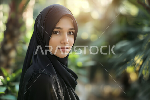 مفهوم الأنوثة والأناقة، الاهتمام بالمظهر الخارجي، ايماءات الثقة بالنفس، امرأه عربيه خليجيه سعوديه مبتسمة ترتدي عباءة سوداء تنظر إلى الكاميرا بتعابير السرور, أخذ اللقطات في أحضان الطبيعة الجميلة