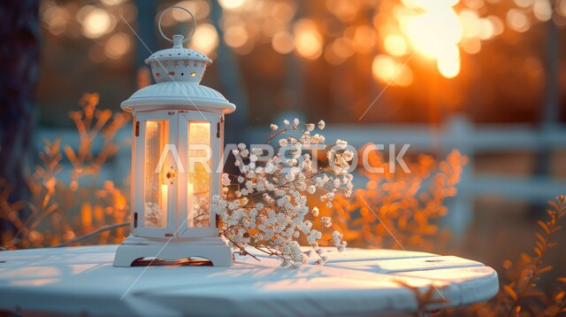 فوانيس وتحف تقليدية للاحتفال بقدوم شهر رمضان المبارك، زينة وديكورات الاعياد والمناسبات الدينية، فانوس عربي معدني مضيء باللون الأبيض على طاولة حديقة في وقت الغروب، أجواء رمضانية وروحانية إسلامية