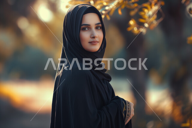 الوقوف بإيماءات الثقة بالنفس, مفهوم الانوثة والاناقة، الاهتمام بالمظهر الخارجي، امرأة عربيه خليجيه سعوديه مبتسمة ترتدي عباءة سوداء تنظر إلى الكاميرا بتعابير السرور, أخذ اللقطات في أحضان الطبيعة الجميلة