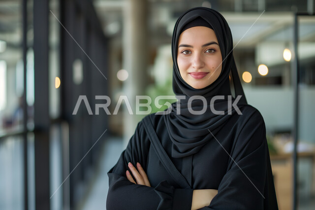النظر بشكل مباشر إلى الكاميرا بإيماءات الثقة بالنفس والوقوف في مكان العمل بأيدي متقاطعة, مفهوم الانوثة والاناقة، الاهتمام بالمظهر الخارجي، امرأه عربيه خليجيه سعوديه مبتسمة ترتدي عباءة سوداء تنظر إلى الكاميرا بتعابير السرور