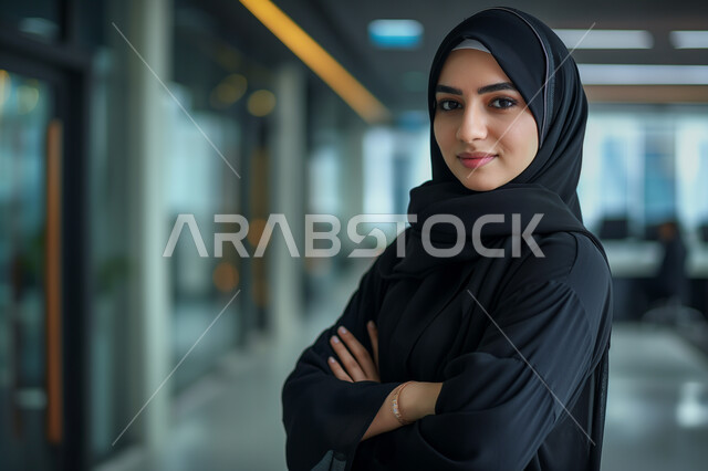 Standing in the workplace with crossed hands, the concept of femininity and elegance, attention to external appearance, gestures of self-confidence, a portrait of a smiling Saudi Gulf Arab woman wearing a black abaya looking at the camera with an expression of pleasure