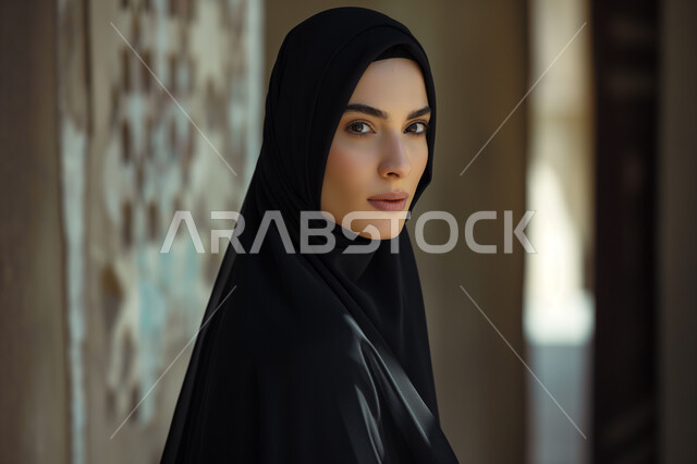 Gestures of confidence and self-esteem, interest in fashion and external appearance, the concept of femininity and elegance, a veiled Saudi Arabian Gulf woman wearing a black abaya looking at the camera with serious expressions