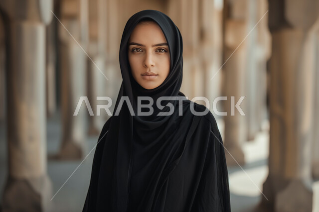 الاهتمام بالموضة والمظهر الخارجي, مفهوم الأنوثة والأناقة، إيماءات الثقة والاعتزاز بالنفس، امرأة عربيه خليجيه سعوديه محجبة ترتدي عباءة سوداء تنظر إلى الكاميرا بتعابير جدية