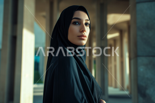 النظر إلى مكان بعيد يتعابير جدية وحادة, الاهتمام بالموضة والمظهر الخارجي, مفهوم الأنوثة والأناقة، إيماءات الثقة والاعتزاز بالنفس، امرأه عربيه خليجيه سعوديه محجبة ترتدي عباءة سوداء