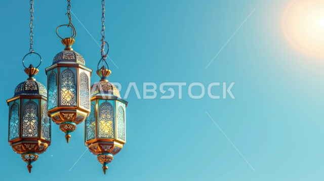 Holiday and religious decorations, celebrating the arrival of the holy month of Ramadan, close-up of a group of hanging decorative lanterns, calm spiritual Islamic Ramadan atmosphere, clear blue sky view