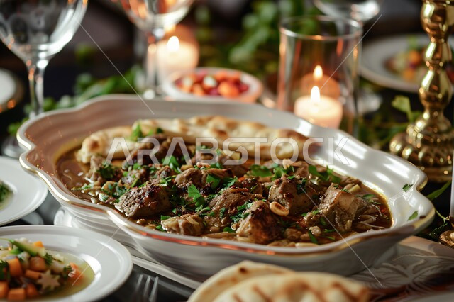 الوصفات العربية الشعبية اللذيذة, صورة مقربة لطبق ابيض من ثريد اللحم مزينة بالخضراوات، مأكولات شرقية تقليدية تراثية شهية في السعودية, فنون تقديم الطعام في الولائم والعزائم