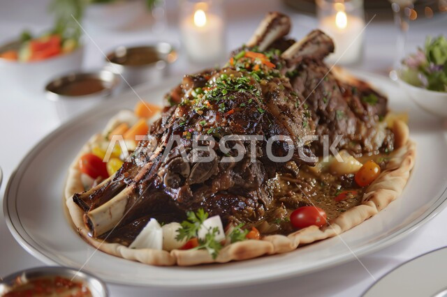 الوصفات العربية الشعبية اللذيذة, صورة مقربة لطبق ابيض من ثريد اللحم مزينة بالخضراوات، مأكولات شرقية تقليدية تراثية شهية في السعودية, فنون تقديم الطعام في الولائم والعزائم