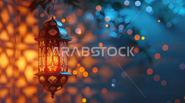 مناسبات وأعياد دينية اسلامية, الفن الاسلامي للتحف والاكسسوارات، فانوس عربي معدني مزخرف مضيئ، ديكورات وأنوار في الأجواء الرمضانية الروحانية, الاحتفال بقدوم شهر الخير، إضاءة وزينة شهر رمضان المبارك