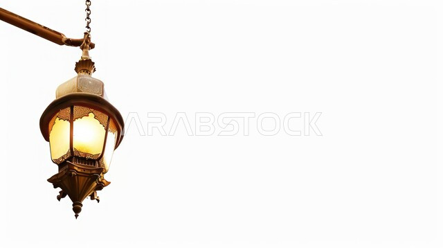 ديكورات وأنوار في الأجواء الرمضانية الروحانية, فانوس عربي معدني مزخرف مضيئ، الفن الاسلامي للتحف والاكسسوارات، أعياد ومناسبات دينية اسلامية, الاحتفال بقدوم شهر الخير، إضاءة وزينة شهر رمضان المبارك، خلفية بيضاء