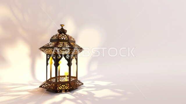 Arabic lantern decorated with light, Islamic art of antiques and accessories, Islamic religious holidays and occasions, decorations and lights in the spiritual atmosphere of Ramadan, celebrating the arrival of the month of goodness, lighting and decoration of the holy month of Ramadan, white background