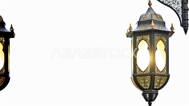 Islamic religious holidays and occasions, Islamic art of antiques and accessories, Arabic decorative metal lantern illuminated, decorations and lights in the spiritual Ramadan atmosphere, celebrating the arrival of the month of goodness, lighting and decoration of the holy month of Ramadan, white background