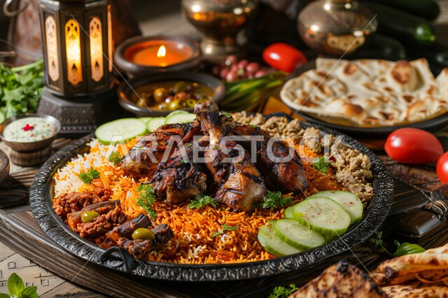 صحن من أرز الكبسة مع الخضراوات والتوابل، مأكولات وأطباق عربية تقليدية, طبق من أرز البرياني المطهي على مائدة العشاء ,وصفات الطعام الصحية الشهية، فنون تقديم الأطعمة الشرقية اللذيذة