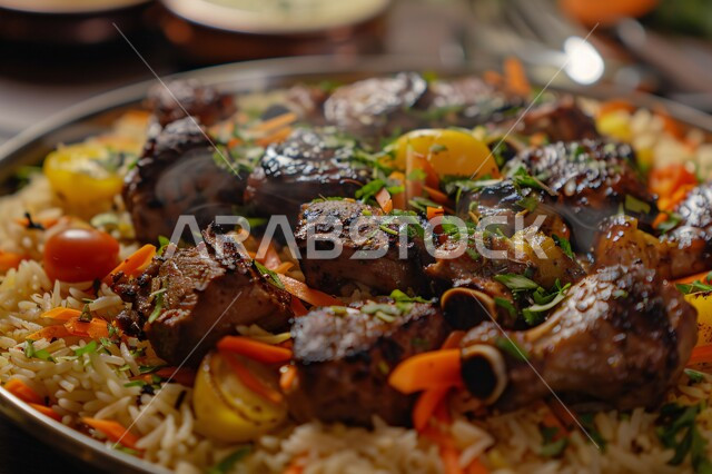  طبق من أرز البرياني المطهي على مائدة العشاء ,صحن من أرز الكبسة مع الخضراوات والتوابل، وصفات الطعام الصحية الشهية، فنون تقديم الأطعمة الشرقية اللذيذة، مأكولات وأطباق عربية تقليدية