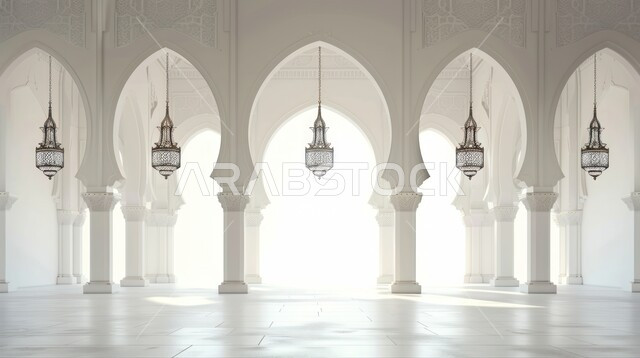 فوانيس معدنية مزخرفة مضيئة معلقة على الأعمدة والأقواس في أحد المساجد، إضاءة وزينة شهر رمضان المبارك، ديكورات وأنوار في الأجواء الرمضانية الروحانية، الفن الهندسي الاسلامي للتحف التقليدية، الاحتفال بقدوم شهر الخير