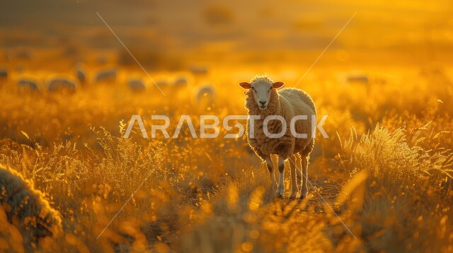الحياة البرية في المملكة العربية السعودية, خروف أبيض يقف في وسط النباتات في البستان وقت الغروب, تربية الثدييات والمواشي, إنشاء مزارع ومحميات طبيعية للحيوانات في المملكة