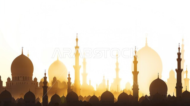 دعوة المسلمين إلى الصلاه والعباده والتقرب إلى الله, صورة ظليه لمسجد في وقت الغروب, المعالم الدينيه الإسلاميه في المملكه العربيه السعوديه, الفن الهندسي المعماري للمآذن والقبب على الطراز الإسلامي، سالوليت