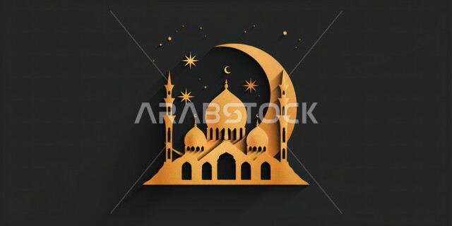 العبادة والتقرب الى الله تعالى, الديكورات العصرية على الطراز الحديث لبناء المساجد, رسم ثلاثي ابعاد لمسجد مع هلال شهر رمضان باللون الذهبي, أجواء روحانية إسلامية, المعالم الإسلامية المقدسة، مقصد المسلمين لأداء الصلوات، خلفية سوداء