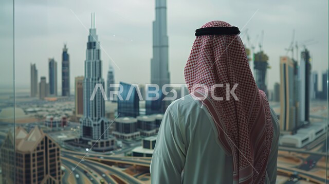 الوقوف امام واجهه زجاجية كبيرة، التأمل وشرود الذهن، صورة مقربة من الخلف لرجل عربي خليجي سعودي يرتدي الشماغ والثوب التقليدي يقوم بالتفكير في شيء ما، الاستمتاع بالنظر الى الأبراج وناطحات السحاب الشاهقة في مدينة دبي