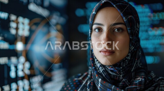 جودة المدارس والجامعات في المملكة، الاهتمام بالأناقة والمظهر الخارجي، الحرص على التفوق والنجاح، صورة مقربة لطالبة شابة عربية خليجية سعودية محجبة تجلس في قاعة الدراسة وخلفها لوحات ورسومات توضيحية علمية