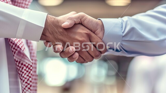 الشراكة في الأعمال والمشاريع، صداقات وتعارف وبناء علاقات اجتماعية، عقد صفقات عمل جديدة ناجحة بين رجال الأعمال، صورة مقربة ليدين رجلان سعوديان يقومان بمصافحة بعضهما، توسيع مجالات العمل
