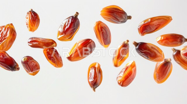 أنواع التمور الفاخرة في المملكة العربية السعودية، ضيافة رمضانية تقليدية، سقوط حبات التمر الصحية السكرية، ثمار ومحاصيل زراعية محلية وطنية، وجبة ذات قيمة غذائية عالية، خلفية بيضاء