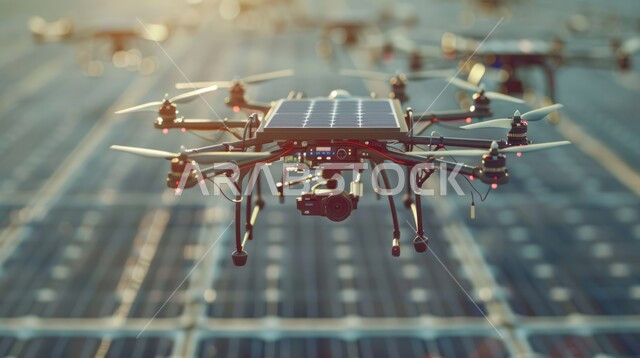 محطات الطاقة الشمسية المتجددة، تطور تقنيات أجهزة التصوير الحديثة، مجموعة من طائرات الدرون تحلق فوق الواح وستلايت انتاج الطاقة الكهربائية، مفهوم استخدام الطاقات المتجددة صديقة البيئة في المملكة العربية السعودية