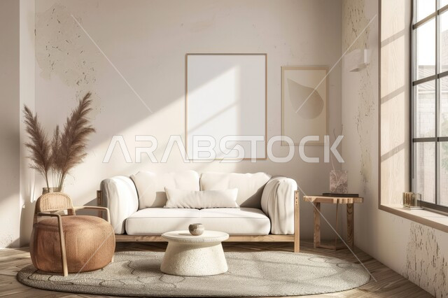 التصاميم الداخلية لغرف الجلوس على الطراز الحديث، غرفة معيشة مع أثاث منزلي فاخر باللون الابيض، ديكور داخلي راقي للفلل والشقق السكنية في المملكة العربية السعودية, لوحات بيضاء فارغه معلقة