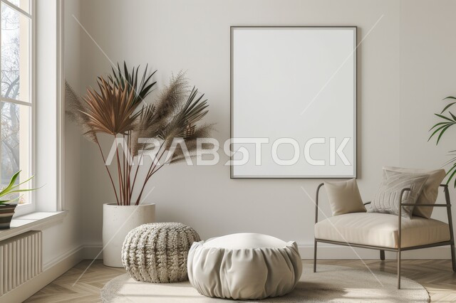 لوحات بيضاء فارغه معلقة، غرفة معيشة مع كرسي مريح باللون البيج، التصاميم الداخلية لغرف الجلوس على الطراز الحديث، ديكور داخلي راقي للفلل والشقق السكنية في المملكة العربية السعودية