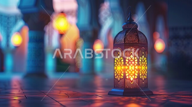 فانوس عربي معدني مزخرف مضيء على الأرض، الاحتفال بشهر رمضان المبارك، فوانيس اسلامية وتحف تقليدية للاستعداد لقدوم شهر الخير، أضواء وأنوار وديكورات المناسبات الاسلامية والدينية، الأجواء الرمضانية الروحانية