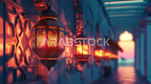 الأجواء الرمضانية الروحانية، الاحتفال بشهر رمضان المبارك، فوانيس معدنية مزخرفة معلقة على الحائط، تحف تقليدية للاستعداد لقدوم شهر الخير، أضواء وأنوار وديكورات للمناسبات الاسلامية والدينية